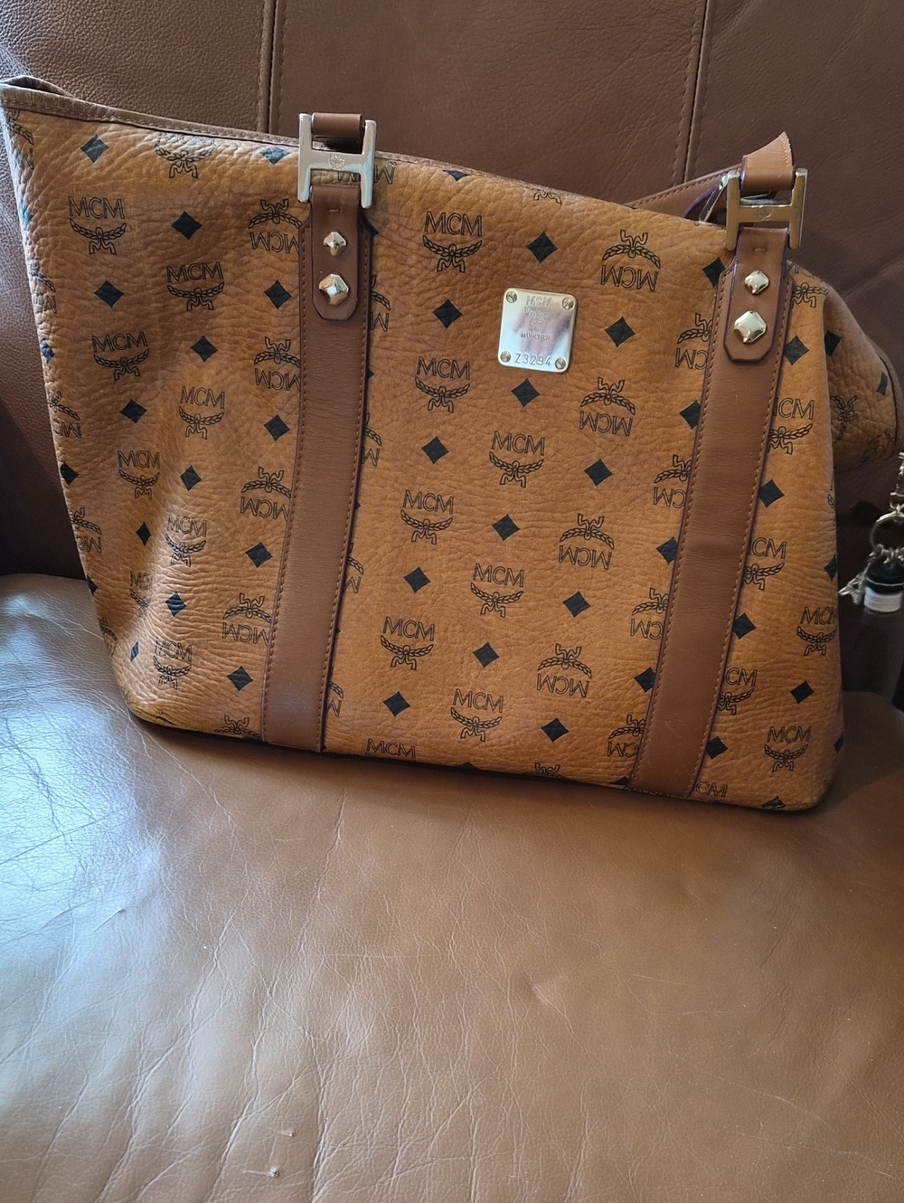 MCM Cognac Brown Monogram Canvas Tote with Leather Straps